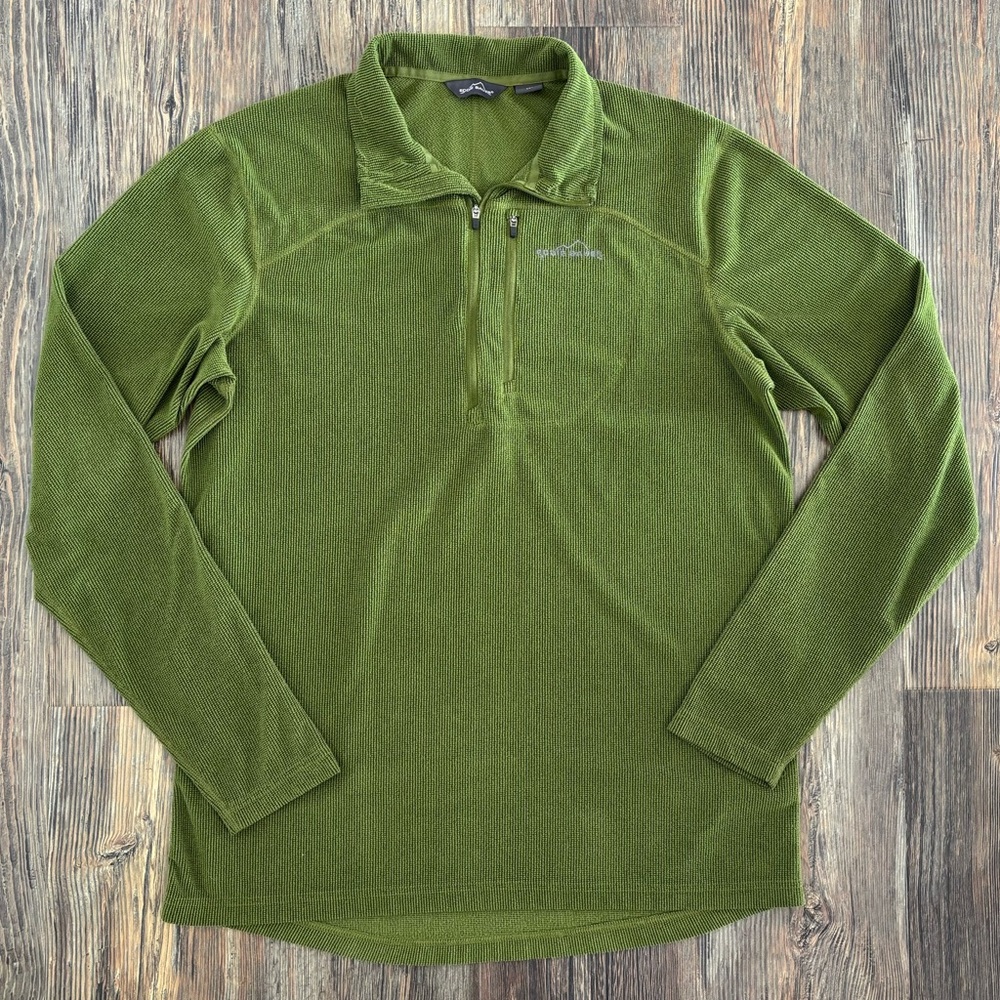 Eddie Bauer 1/4 Zip Grid Fleece Pullover L/S Shirt Mens LT Green Waffle Knit ‘11